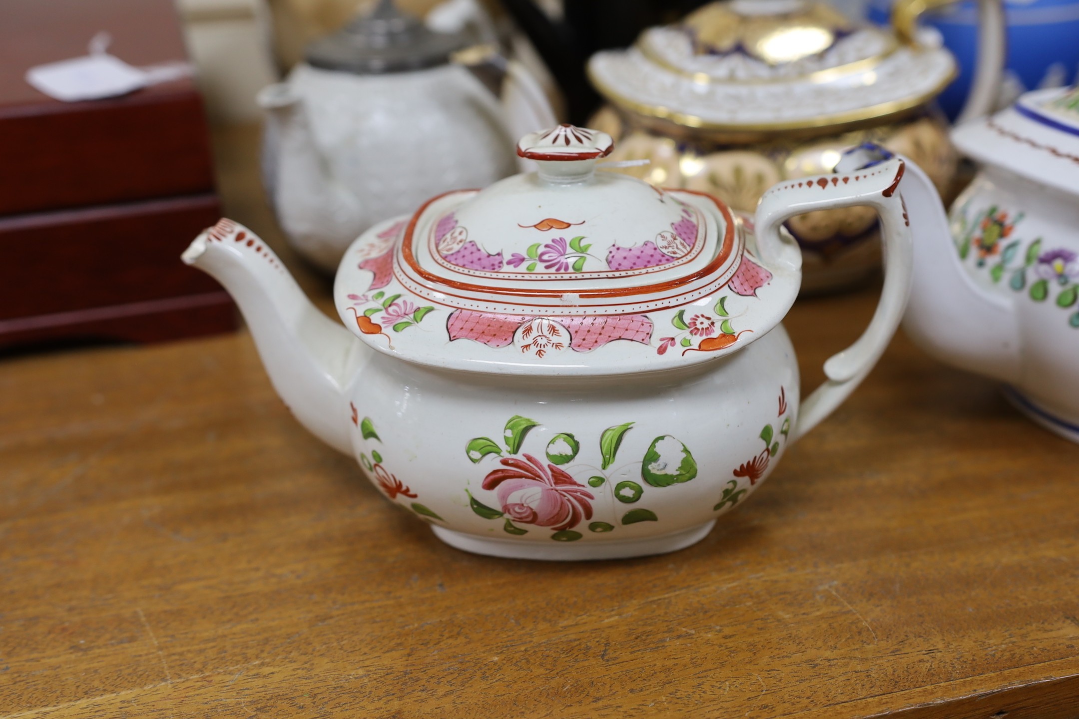 Two 19th century Copeland teapots, jug and mug, together with five other 19th century teapots, tallest jug 18cms high